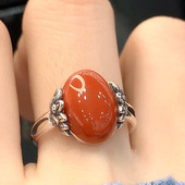 镀银开口复古好运莲莲鸿运当头南红莲花椭圆可调节戒指