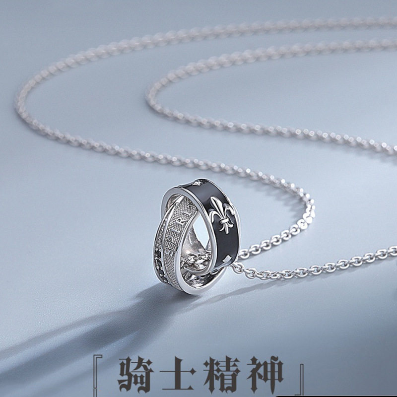 s925银骑士精神项链男士潮牌个性嘻哈百搭轻奢日系双环吊坠