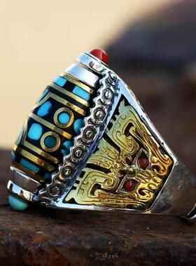 九眼天珠戒指藏式男女款夔牛大鹏饕餮纹六字真言复古食指