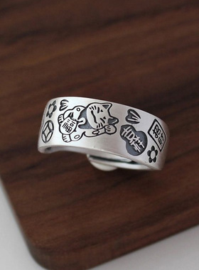 新品开运招财猫戒指复古小众吉言