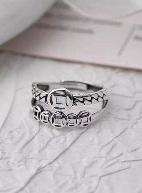 双层钱币戒指国潮个性复古做旧招财幸运铜钱开口指环