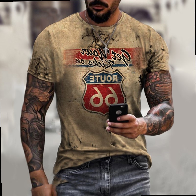 Streetwear Route 66 Print Tee Shirt Men T-shirts Tops男士T恤 男装 T恤 原图主图