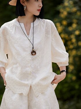 白色两件套高级感刺绣花新中式轻国风天丝轻薄上衣女短裤套装夏