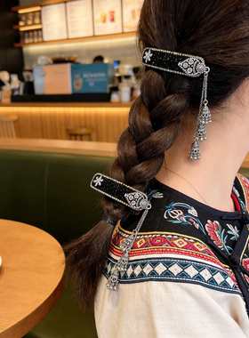 黑色纯手工铃铛流苏发夹女复古刘海侧边夹民族风发卡气质BB夹TD06