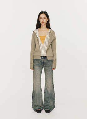 antceee 条纹拼接假两件斜门襟套头连帽卫衣 早秋百搭休闲外套