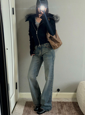 antceee 怀旧水洗拼接后腰头低腰牛仔裤 磨毛廓型剪裁休闲长裤