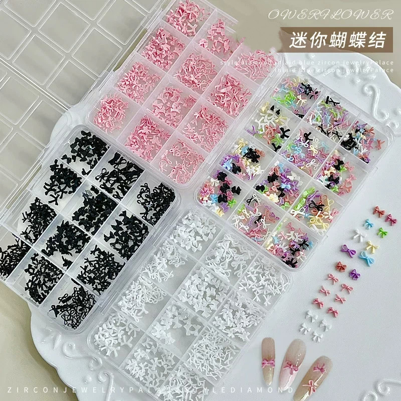 12格混装迷你蝴蝶结美甲饰品黑白粉色领结树脂钻立体DIY指甲配饰