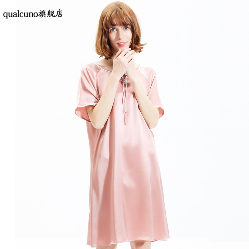 qualcuno真丝睡裙女士夏季短袖睡衣100%桑蚕丝加大宽松家居服