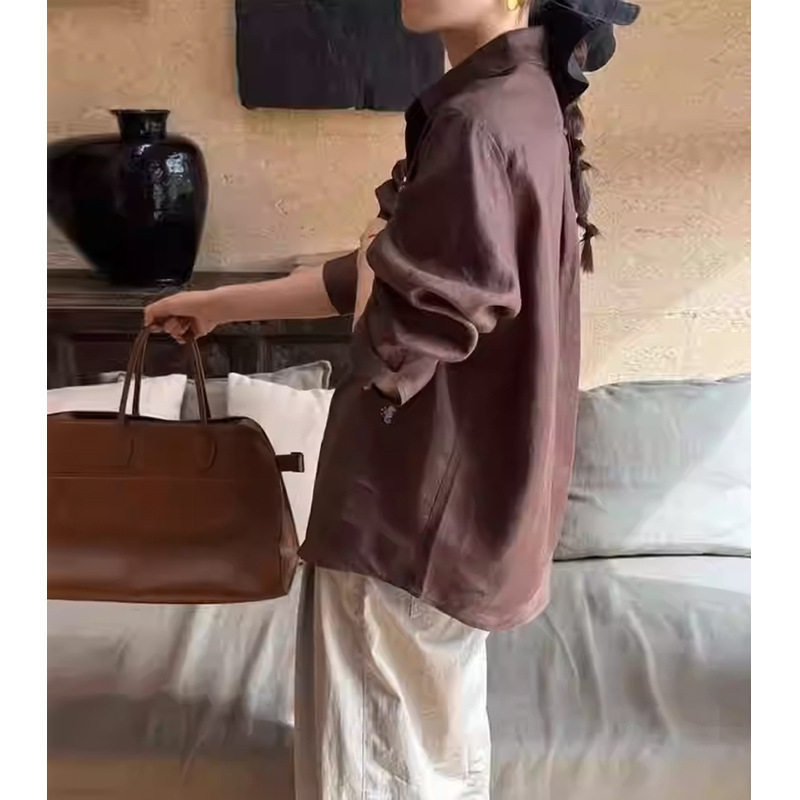maSande松弛感高端复古亚麻深棕色衬衫女早春新款清凉透气小个子