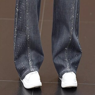 新款 洋气高腰宽松直筒裤 烫钻高档牛仔弯刀裤 阔腿裤 窄版 2026春秋季