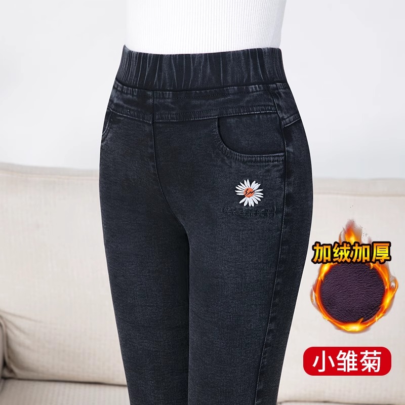 松紧腰牛仔裤女秋冬季中老年妈妈加绒高腰铅笔裤小脚裤四五十岁裤