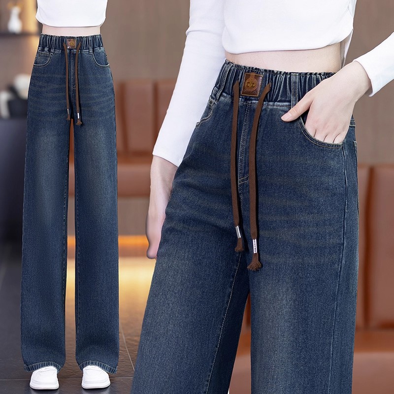 松紧腰大码加绒加厚直筒牛仔裤女士胖mm粗腿胯宽高腰窄版阔腿裤子