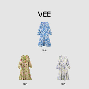 VEE【花仙子】法式碎花雪纺长袖收腰显瘦连衣裙女优雅女神范裙子