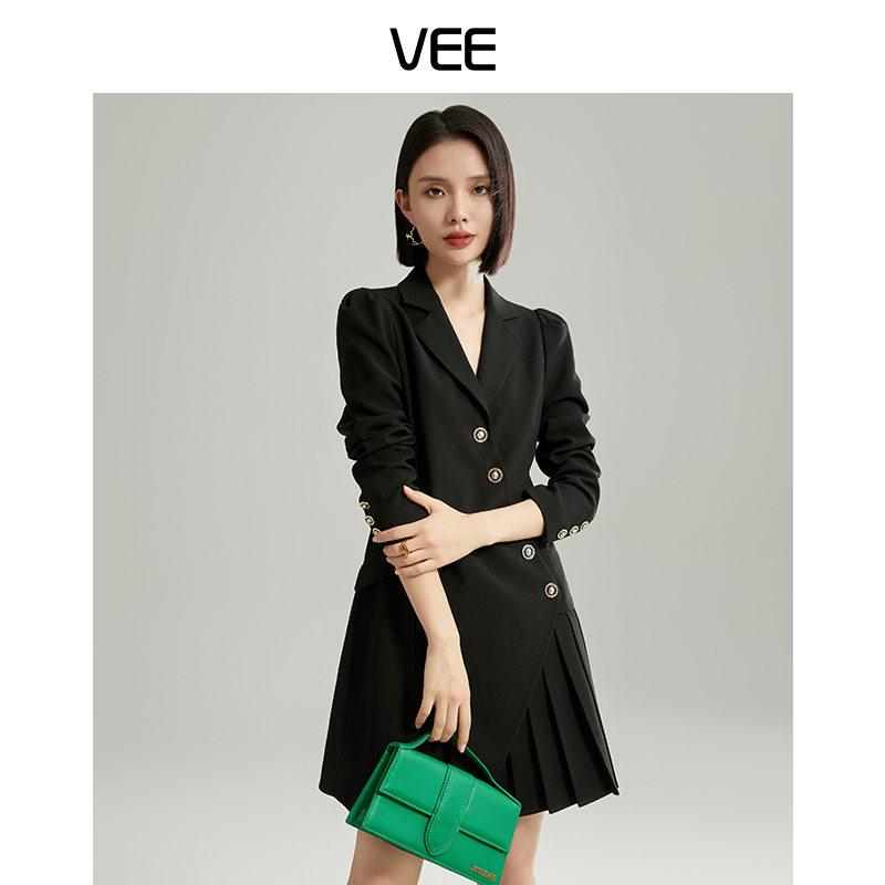 翻领百褶中长款VEE/唯己连衣裙