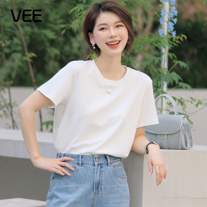 VEE【奶油小方】夏季新款圆领宽松短袖白色t恤女生休闲上衣打底衫