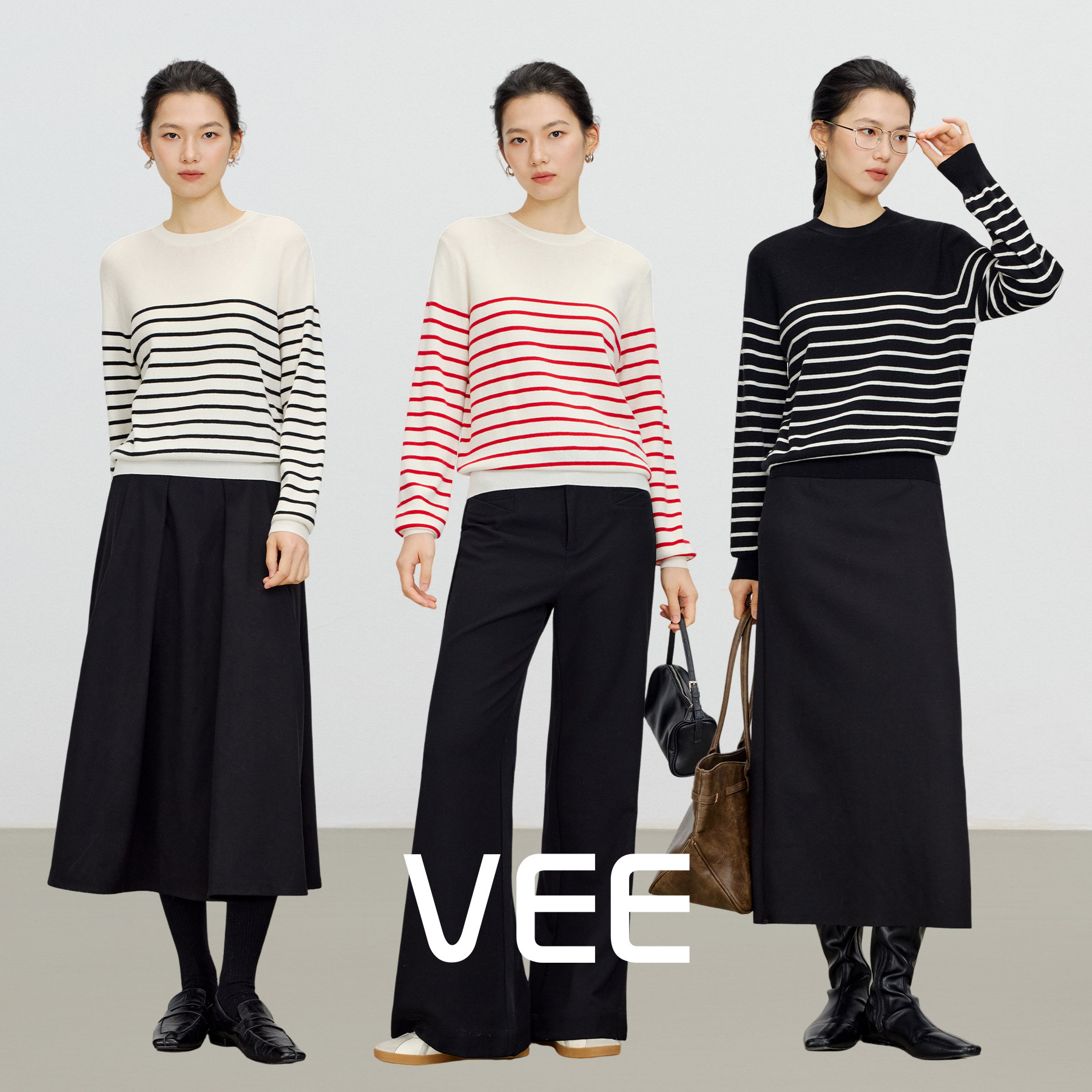 VEE【月上清秋】绵羊毛简约百搭通勤条纹针织衫打底内搭上衣女
