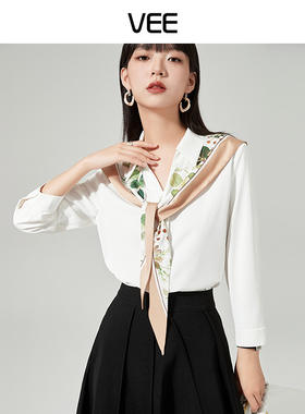 VEE/唯己【荷塘月色】春季新款时尚气质优雅丝巾披肩白色衬衣衬衫