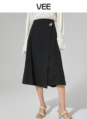 VEE【黑曜石】春秋新款时尚气质显瘦金属扣伞摆长款黑色显瘦半裙