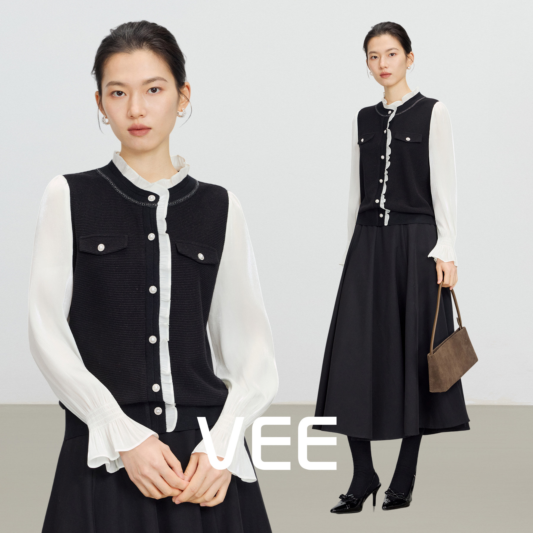 假两件撞色荷叶领华夫格针织衫