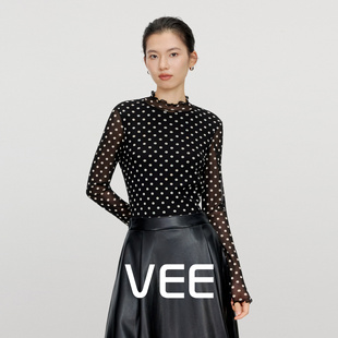 VEE【月半弯】木耳边领高领叠穿打底衫2025新款高级感波点上衣女