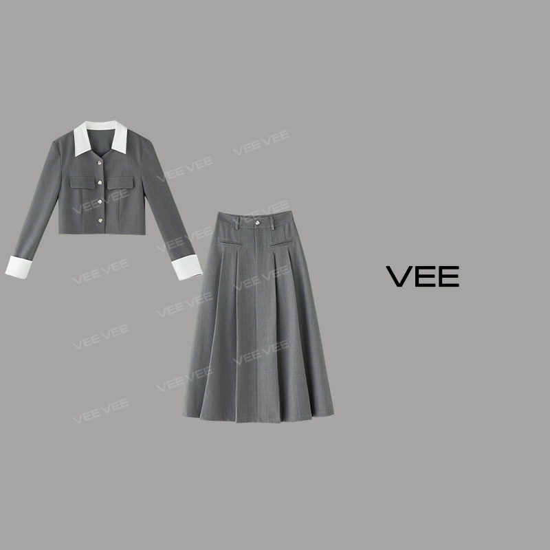 VEE【时髦笔记】拼接翻领压褶套装时尚复古灰色气质