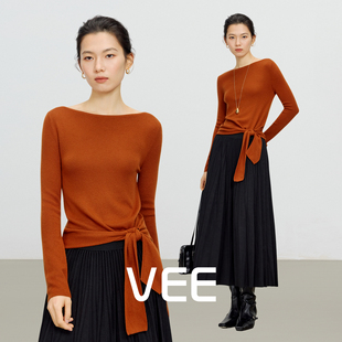 VEE【天鹅湖】25秋新款一字领领长袖针织衫女不规则下摆系带上衣