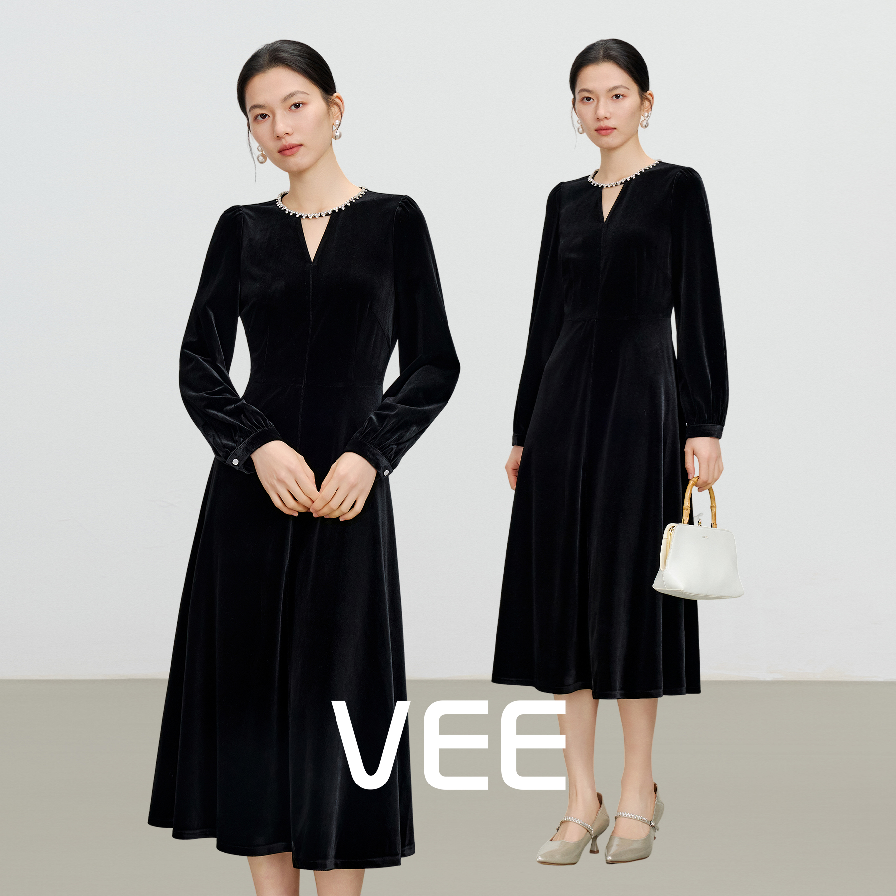 黑色丝绒连衣裙女气质收腰长裙子