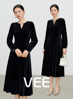 VEE【晚宴流光】黑色丝绒连衣裙女2025新款冬长袖气质收腰长裙子