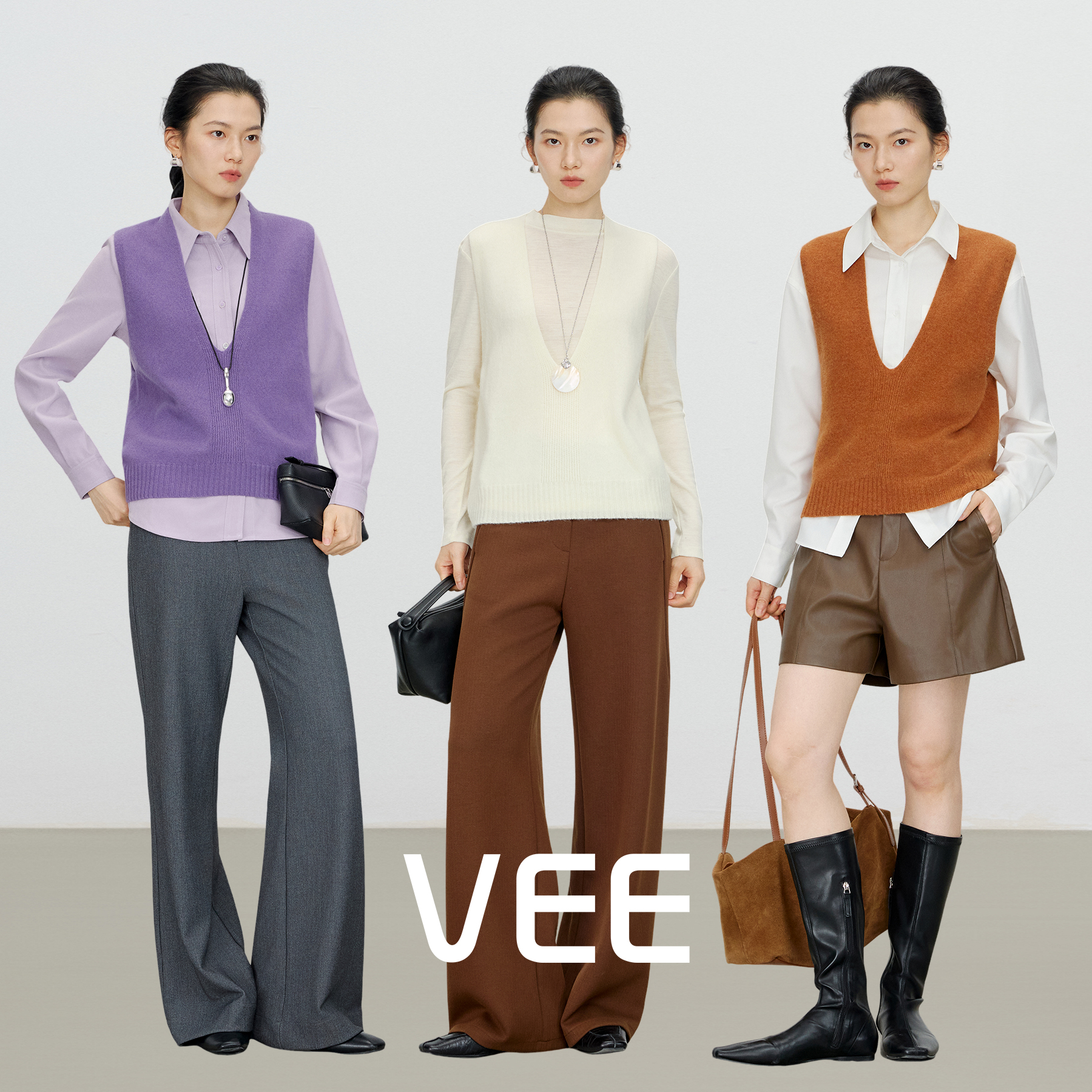 VEE【三明治】全羊毛深V套头马甲针织衫女秋冬内搭叠穿打底上衣