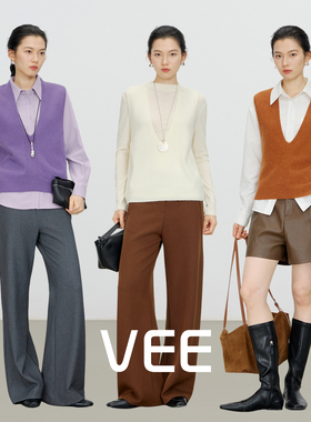 VEE【三明治】全羊毛深V套头马甲针织衫女秋冬内搭叠穿打底上衣