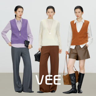 女秋冬内搭叠穿打底上衣 全羊毛深V套头马甲针织衫 VEE 三明治