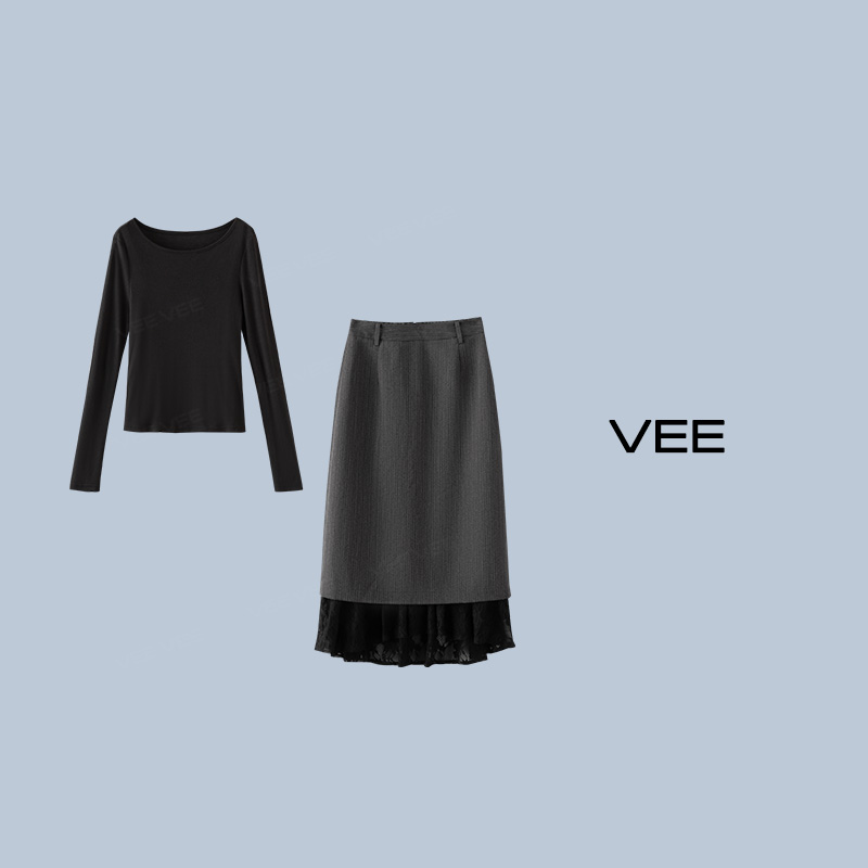 VEE2024秋装黑色蕾丝套装