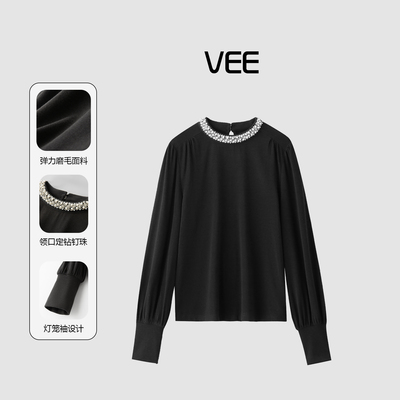 VEE【一束光】设计感小众领口钉珠半高领灯笼袖黑色打底衫上衣女