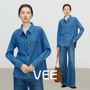 复古三本针撞色线设计翻领宽松减龄牛仔衬衫 法式 航海日志 VEE