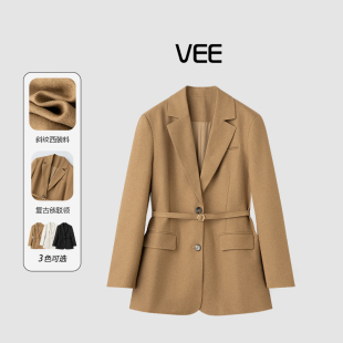 VEE都市女主双扣收腰正装女翻领腰带一手长公考银行面试西装外套