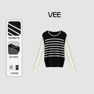 拼接条纹套头针织衫 VEE 假两件长袖 25秋新款 女设计感 千层派