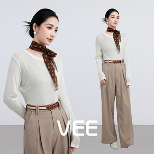 显瘦长袖 VEE 微透t恤女圆领修身 韩系简约薄款 针织上衣 零压T恤