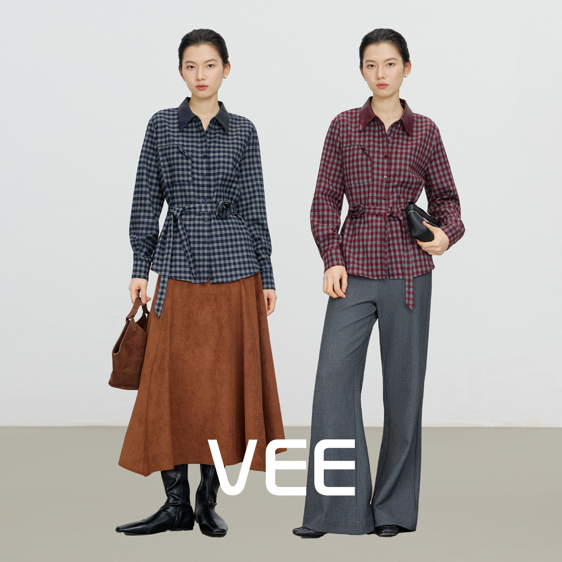 VEE【小方格】高智感老钱风衬衫女新款英伦磨毛格子拼皮长袖上衣