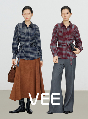 VEE【小方格】高智感老钱风衬衫女新款英伦磨毛格子拼皮长袖上衣