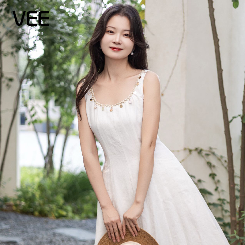 VEE【素颜也美】25夏季新款显瘦亚麻混纺无袖连衣裙U领长裙白裙子