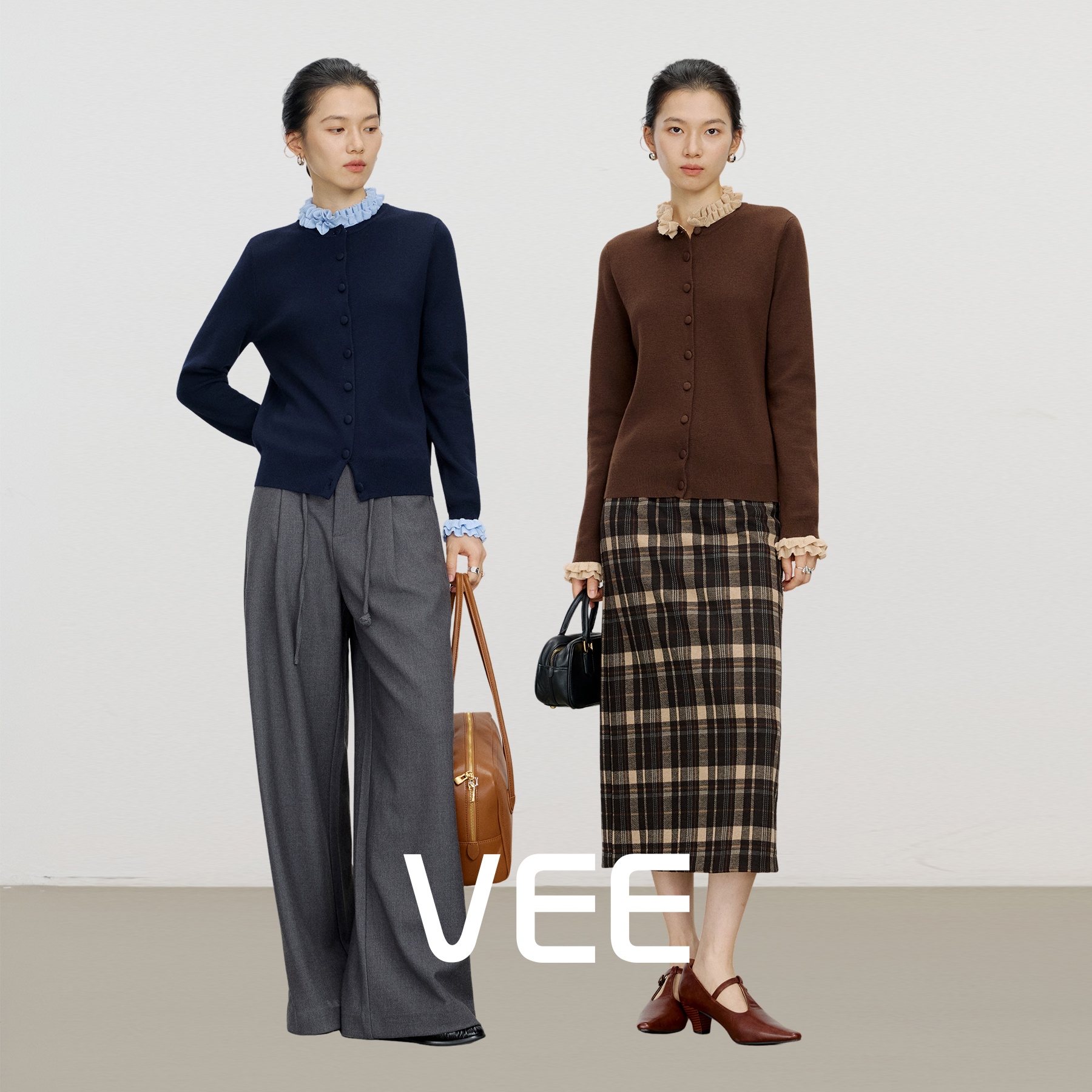 VEE【巧克力】羊毛混纺针织衫女撞色花边木耳边打底叠穿毛衣开衫