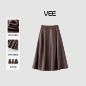 复古赫本风pu皮裙后松紧腰A字长伞裙半裙女 25秋冬法式 VEE 初语