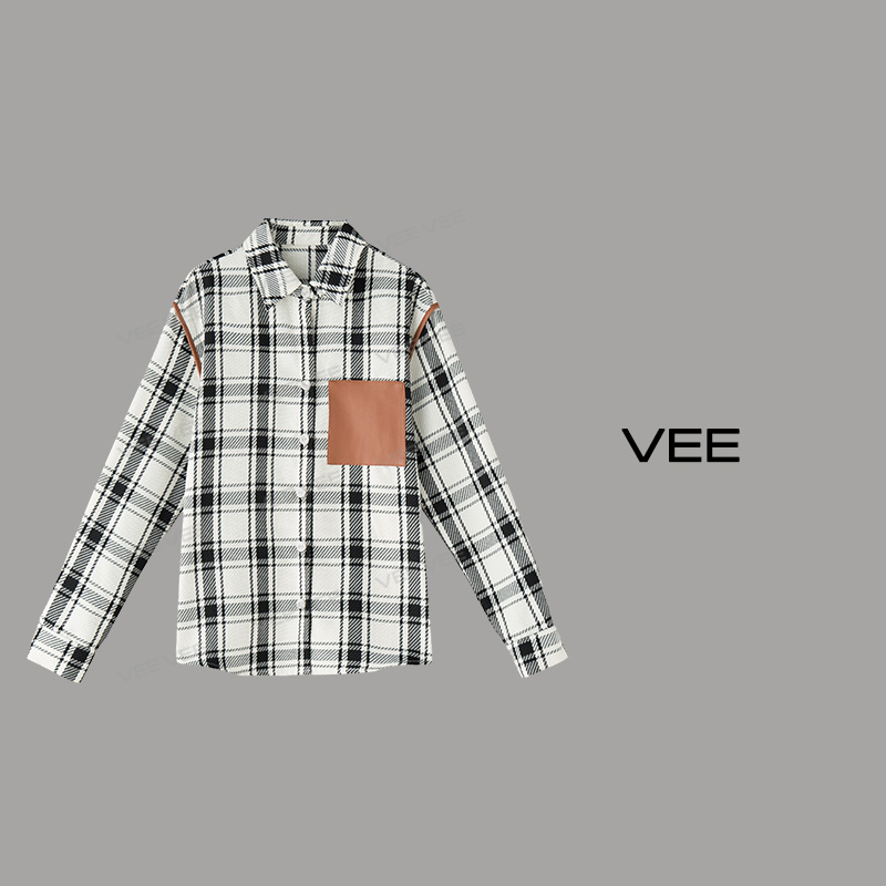 VEE【柏林纪事】复古格纹撞色皮革长袖衬衫百搭休闲