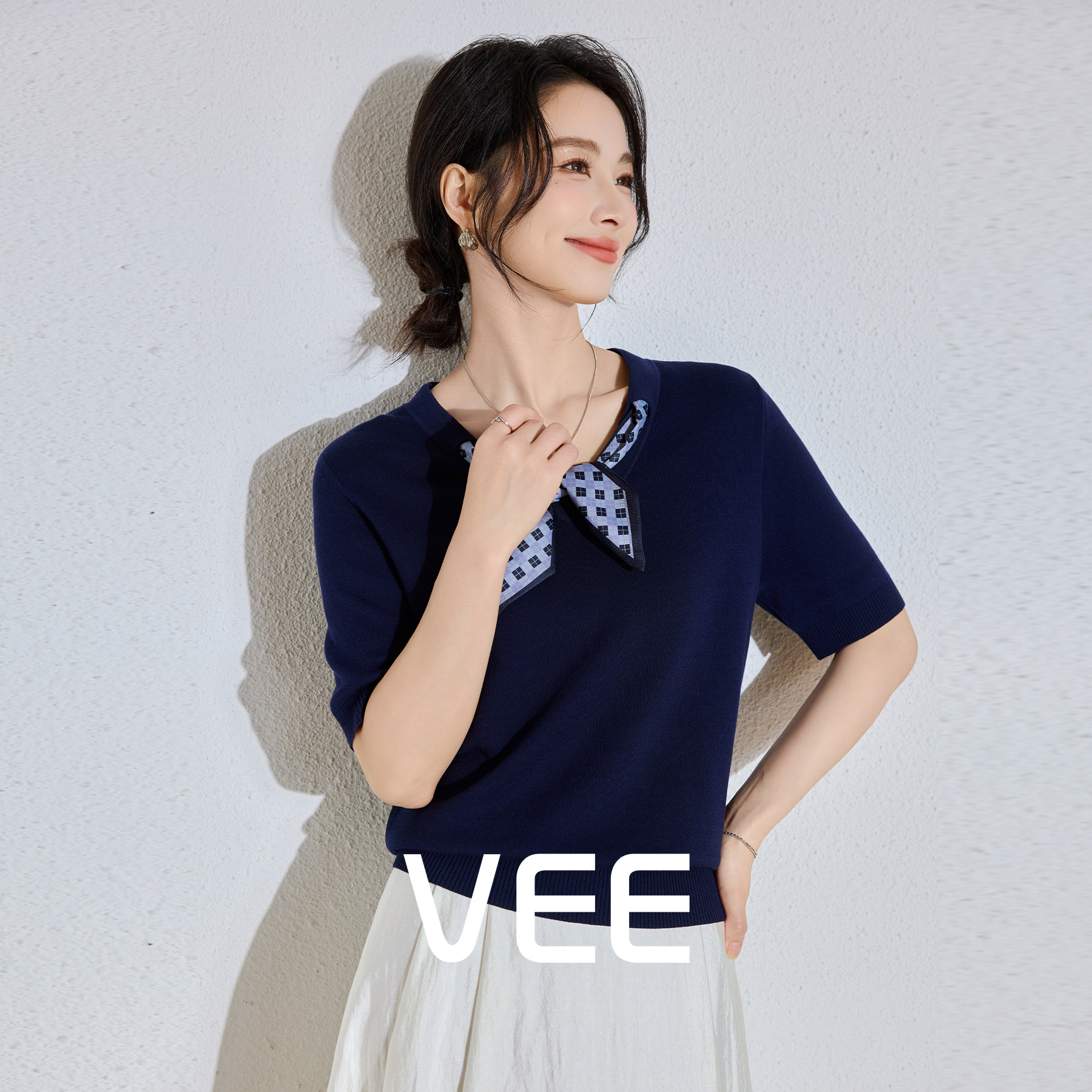 VEE【丝巾针织】气质减龄短袖针织衫女夏2026新款丝巾可拆卸上衣