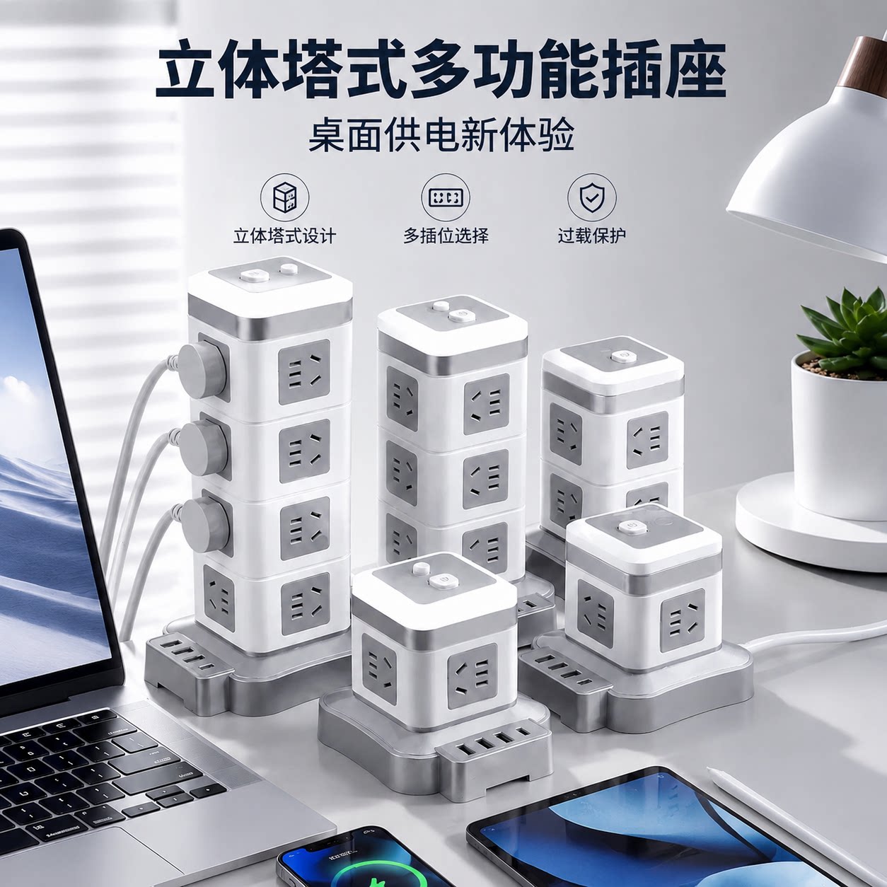 官方公矢立体方形塔式插座多孔位插排插线板过载保护家用办公宿舍