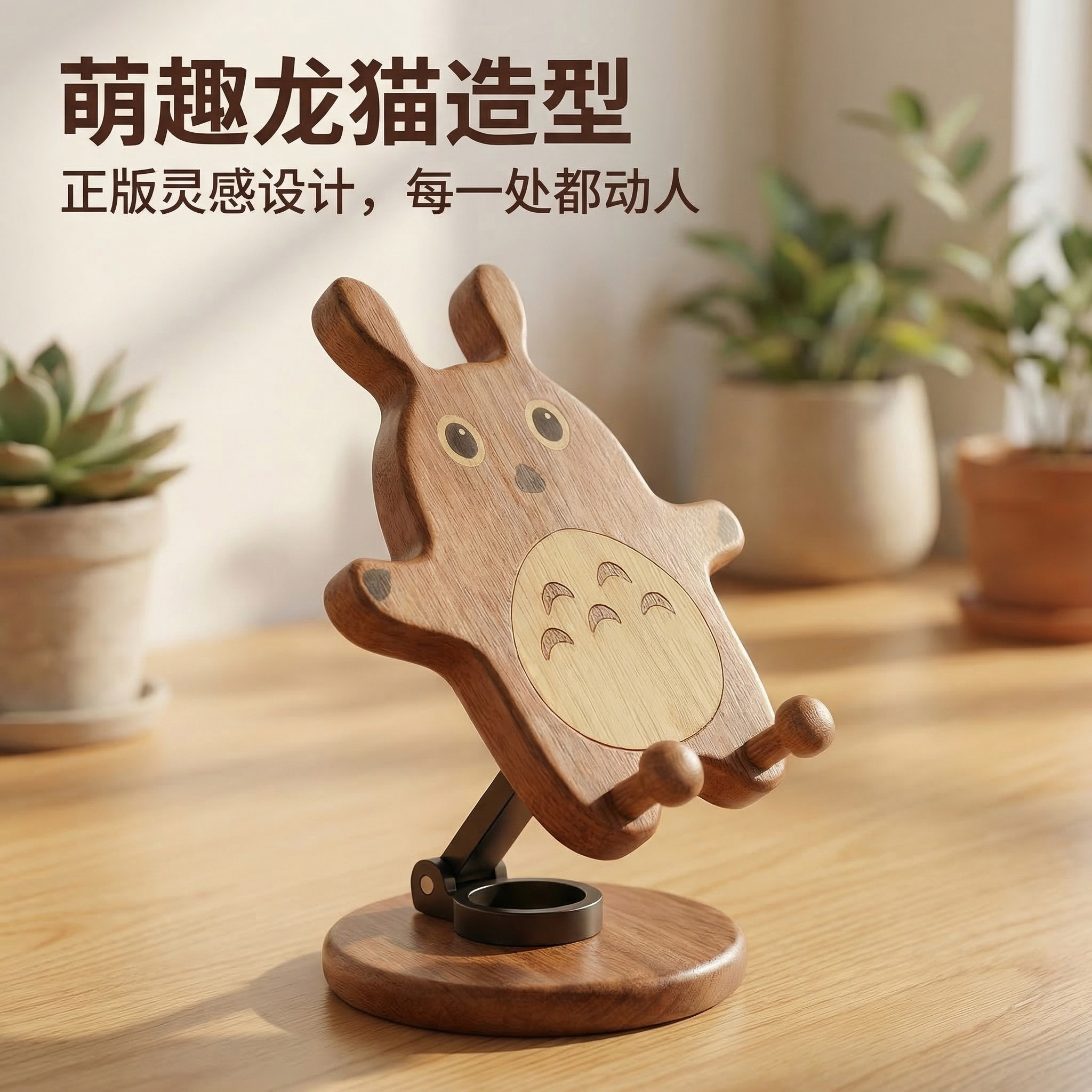 胡桃木手机支架龙猫桌面平板手机可旋转实木通用便携二合一手机座