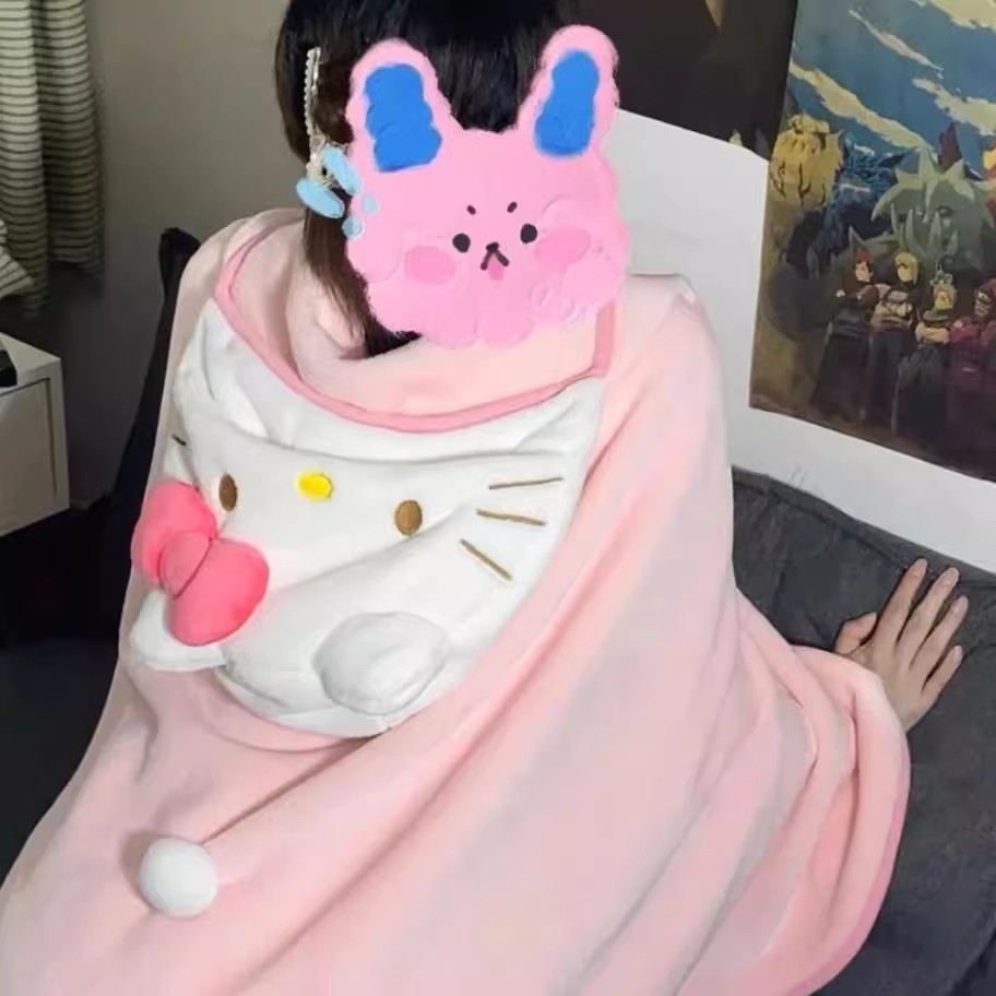 hellokitty毯子凯蒂猫连帽学生披肩四季用午睡毛毯家居宿舍空调毯