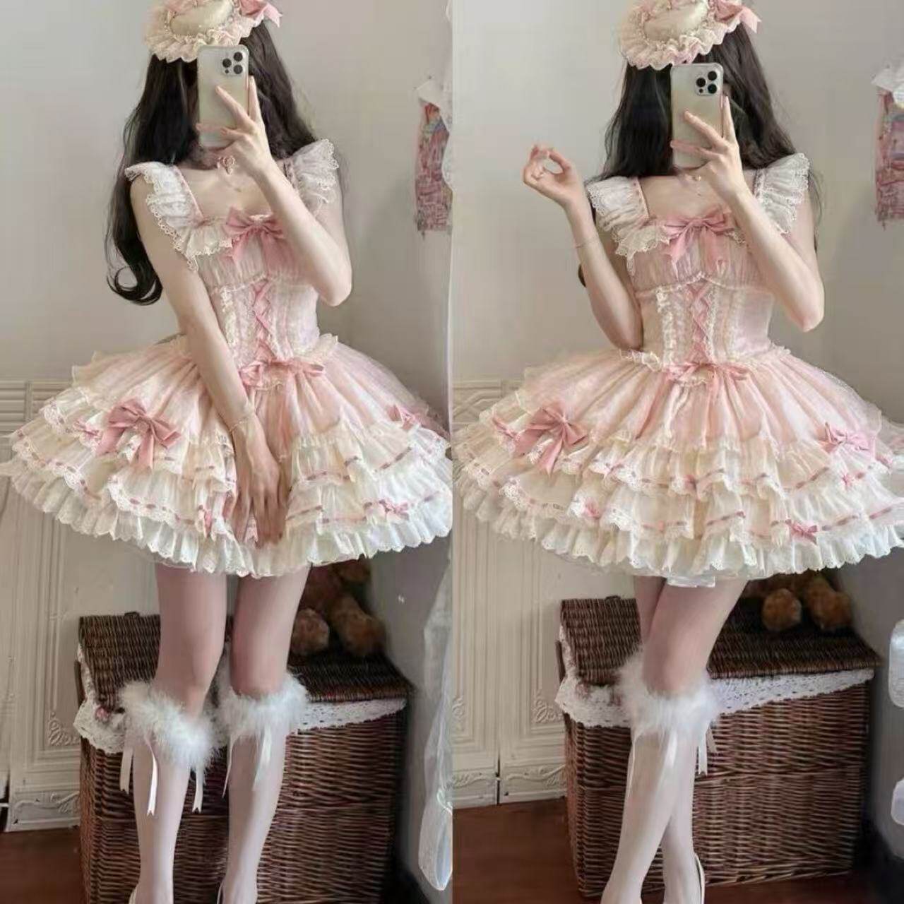 小芙蝶蓝绿紫粉色法式心动原创玩偶芭蕾风裙狗短连衣裙Lolita裙