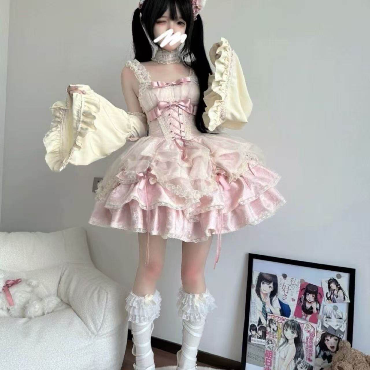 缘结恋曲粉色花嫁洋装收腰生日成人礼吊带JSK连衣裙lolita裙子