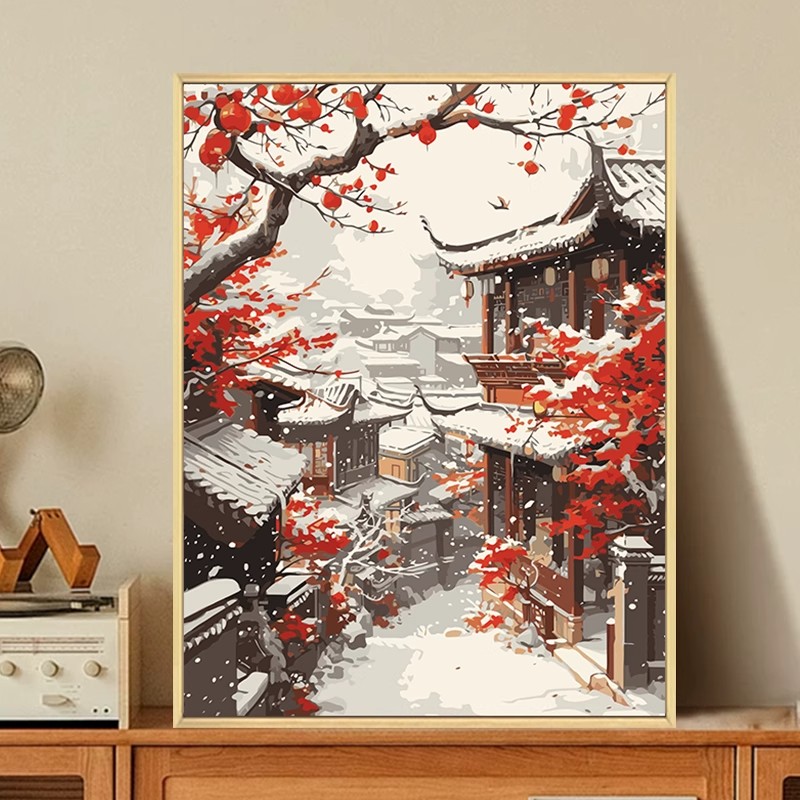 中国风冬日雪景成品装饰画仿油画风景国潮建筑唯美卧室客厅摆挂画图片